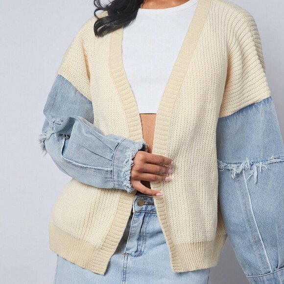 Beige Casual Women's Colorblock Mixed Fabric Sleeve Open Cardigan - Picture 5 of 5